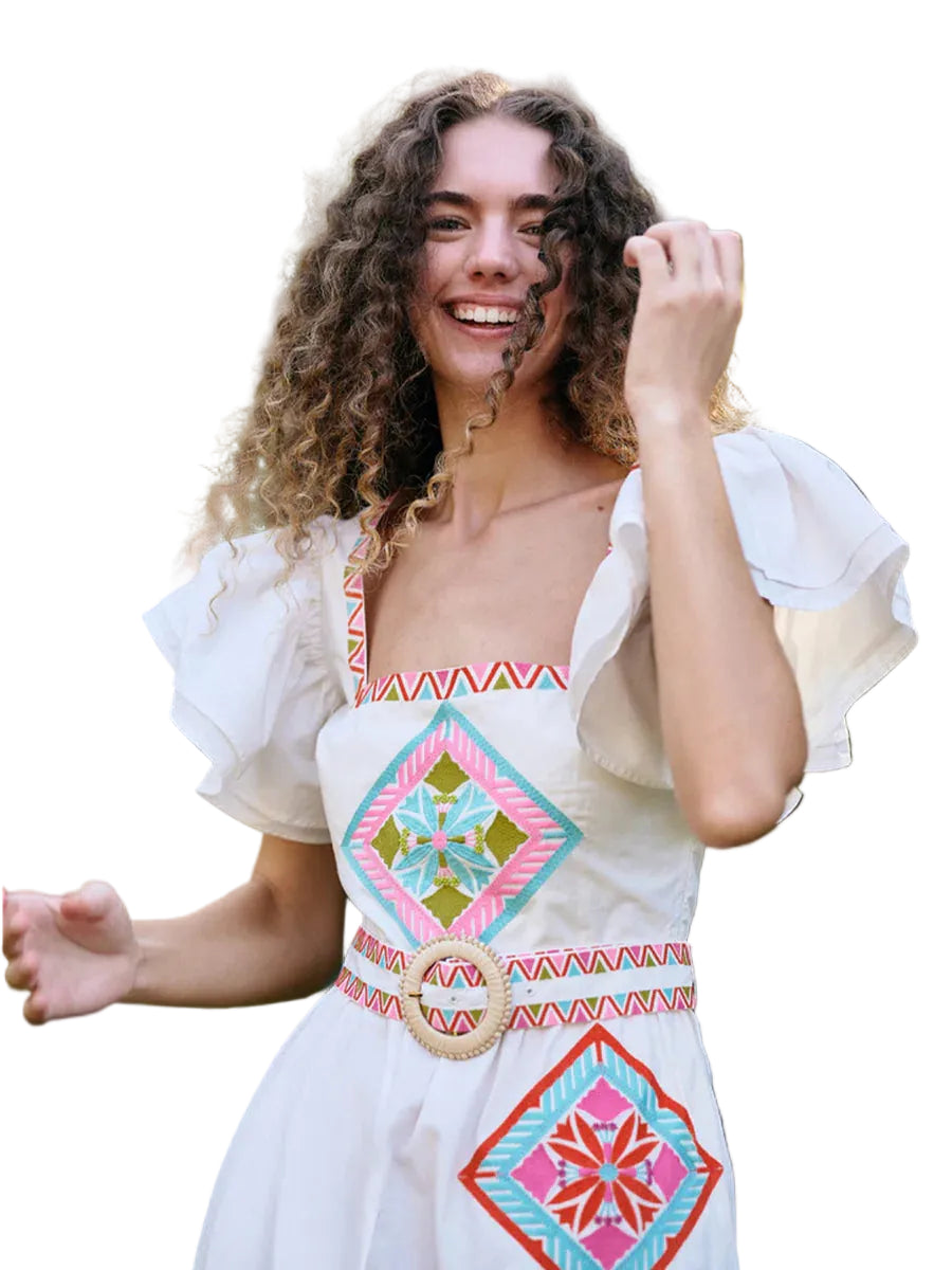 Brooks Avenue Margaret Midi Dress - Tile Hand Embroidered