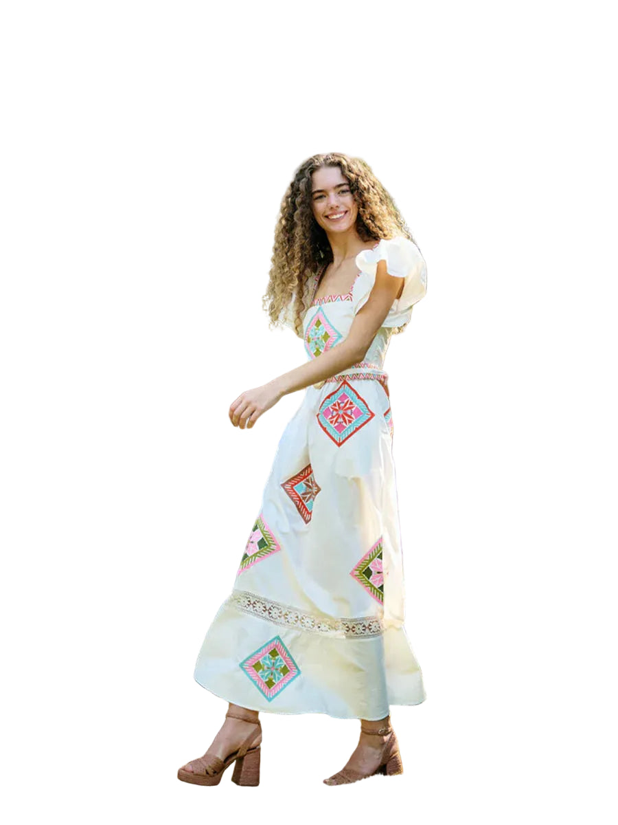 Brooks Avenue Margaret Midi Dress - Tile Hand Embroidered