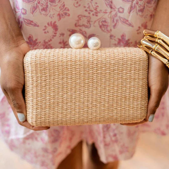 Lisi Lerch Mimi Natural Straw Clutch with Pearl Top