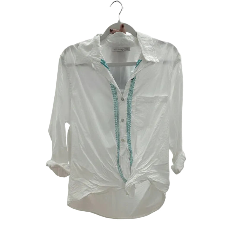 Everyday Boyfriend Shirt - White with Green/Blue Embroidery