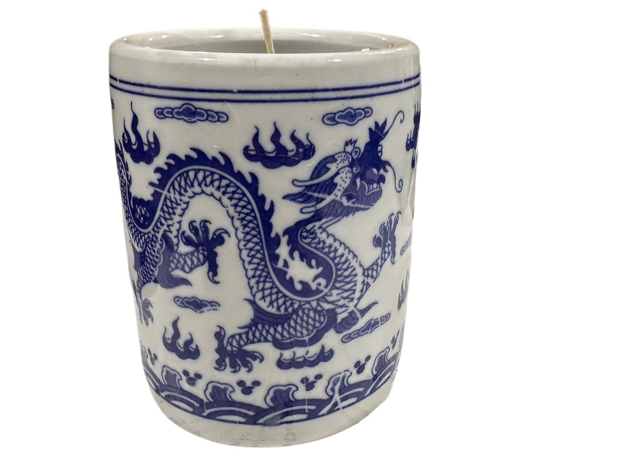 Blue & White Chinoiserie Dragon Cylinder Candle