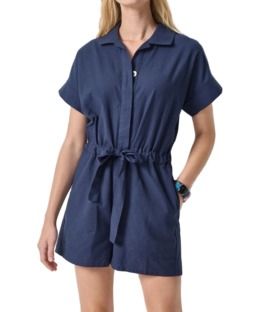 Lilla P Linen Blend Romper - Navy