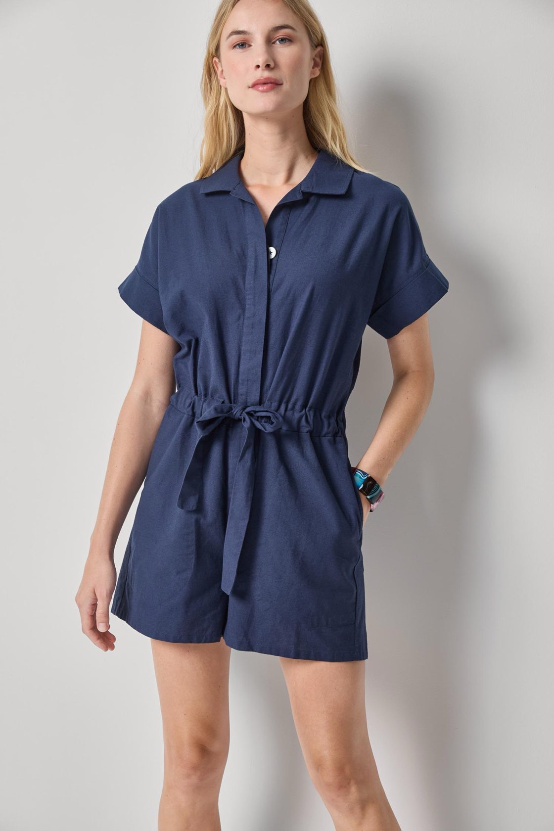 Lilla P Linen Blend Romper - Navy