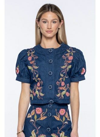 Elizabeth James Coco Top | Denim Embroidery