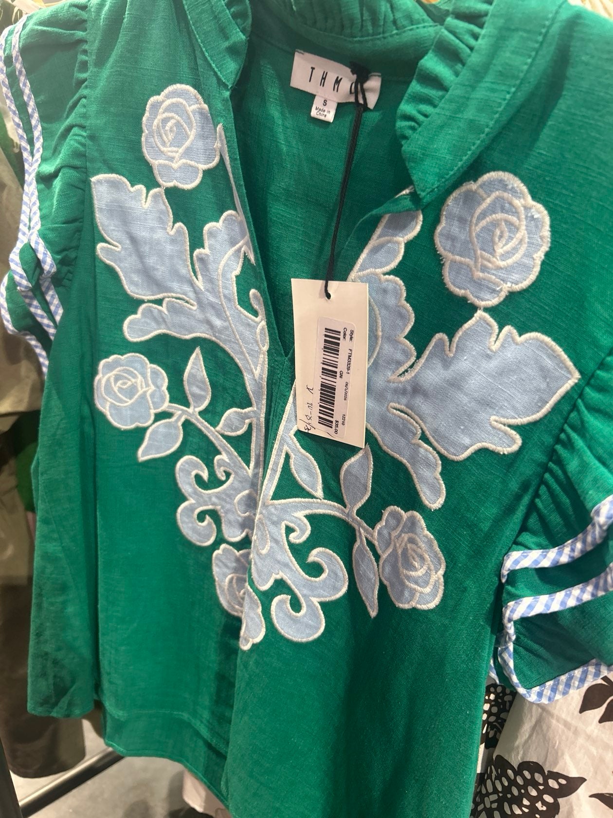 Green Top with Ruffled Stripe Sleeves