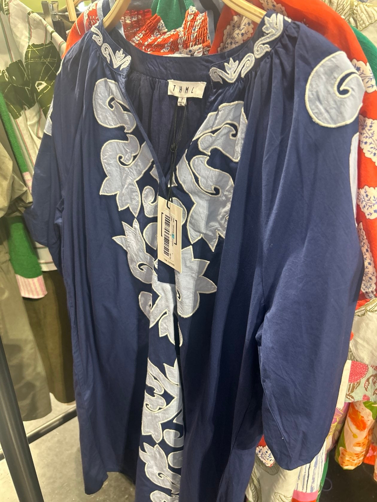 Puff Sleeve Embroidered Button Dress | Navy