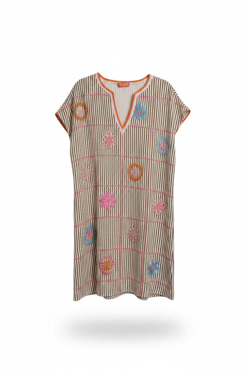 Striped Embroidered Dress - Brown/Multi