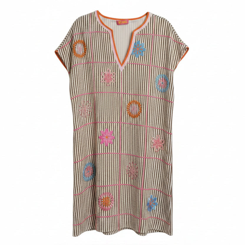 Striped Embroidered Dress - Brown/Multi