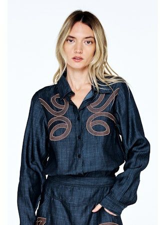 Julianna EMB Denim Button-down Shirt - Charcoal