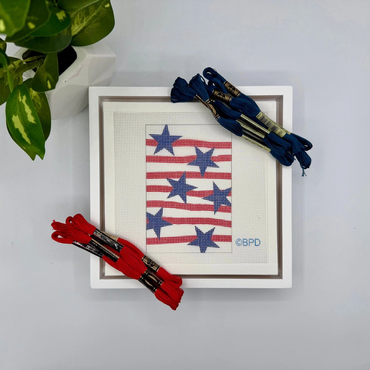Blue Poppy Blue Stars On Red Stripes Needlepoint Design