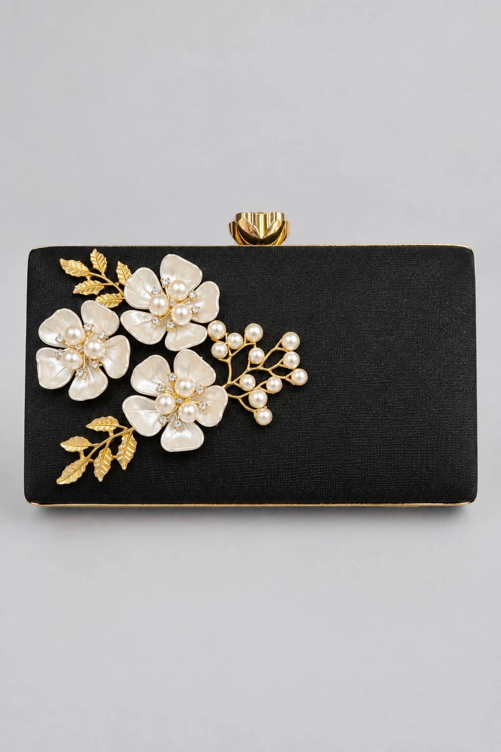 Black MG/Pearl Flowers Rectangle Minaudiere