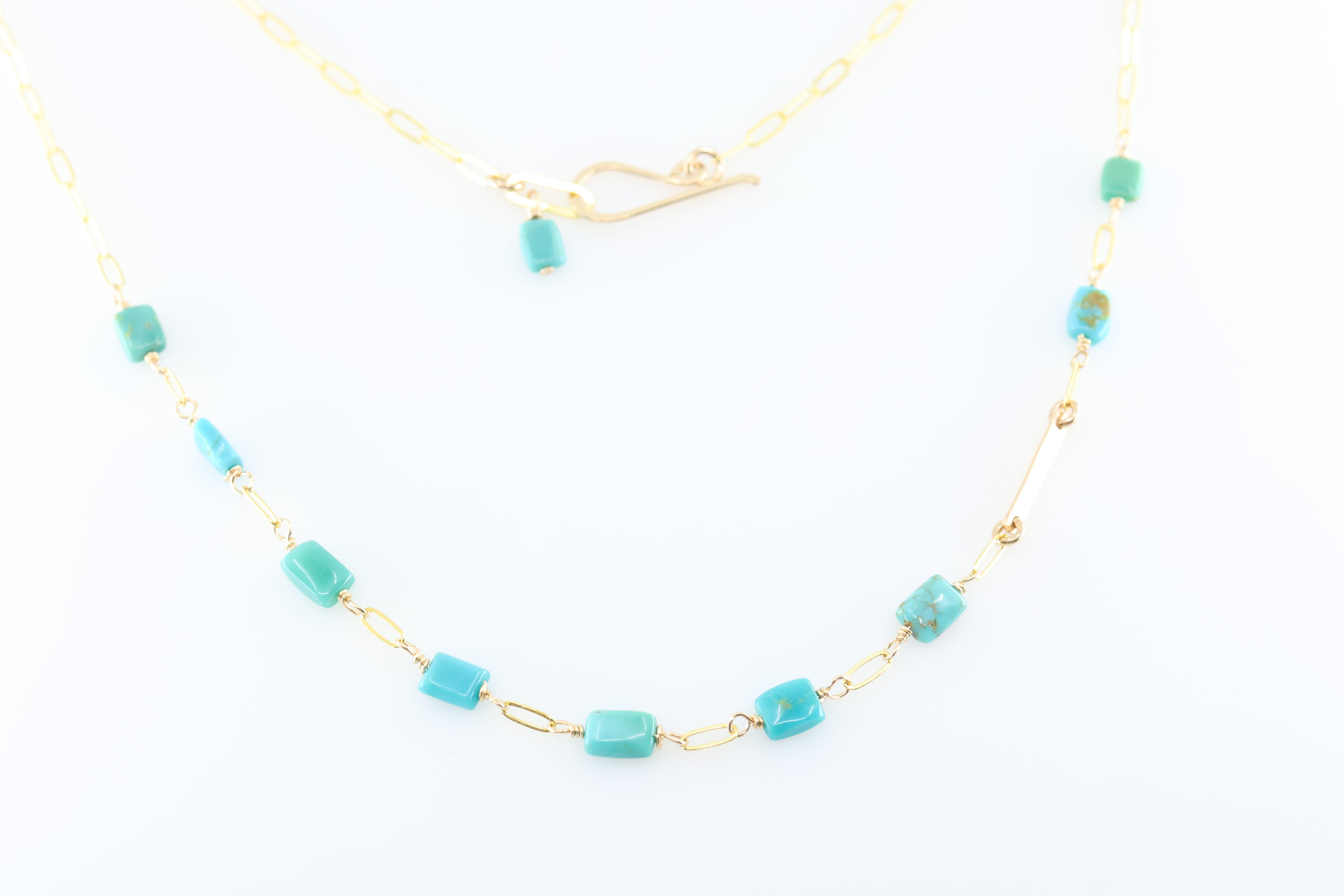 J. Mills Necklace - 9 Small Turquoise Rectangles on 14k GF Paper Clip Chain