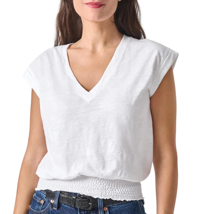 Lilla P Smocked Hem V-Neck - White