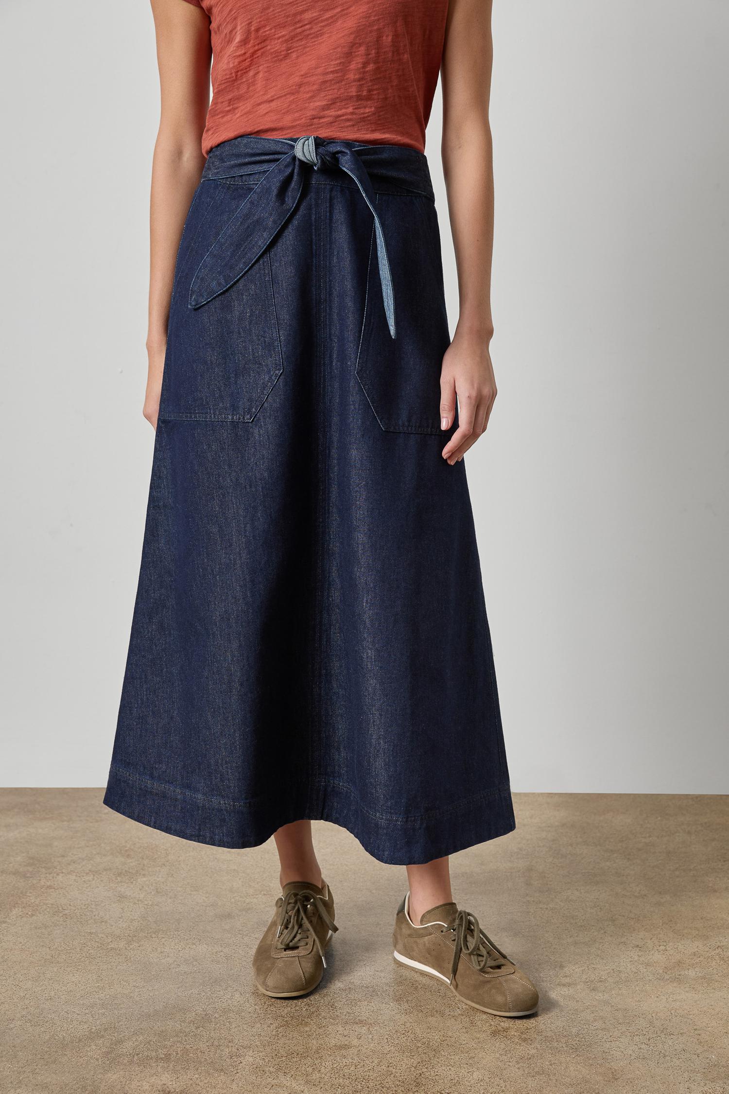 Lilla P Belted Pocket Front Skirt | Dark Wash Blue