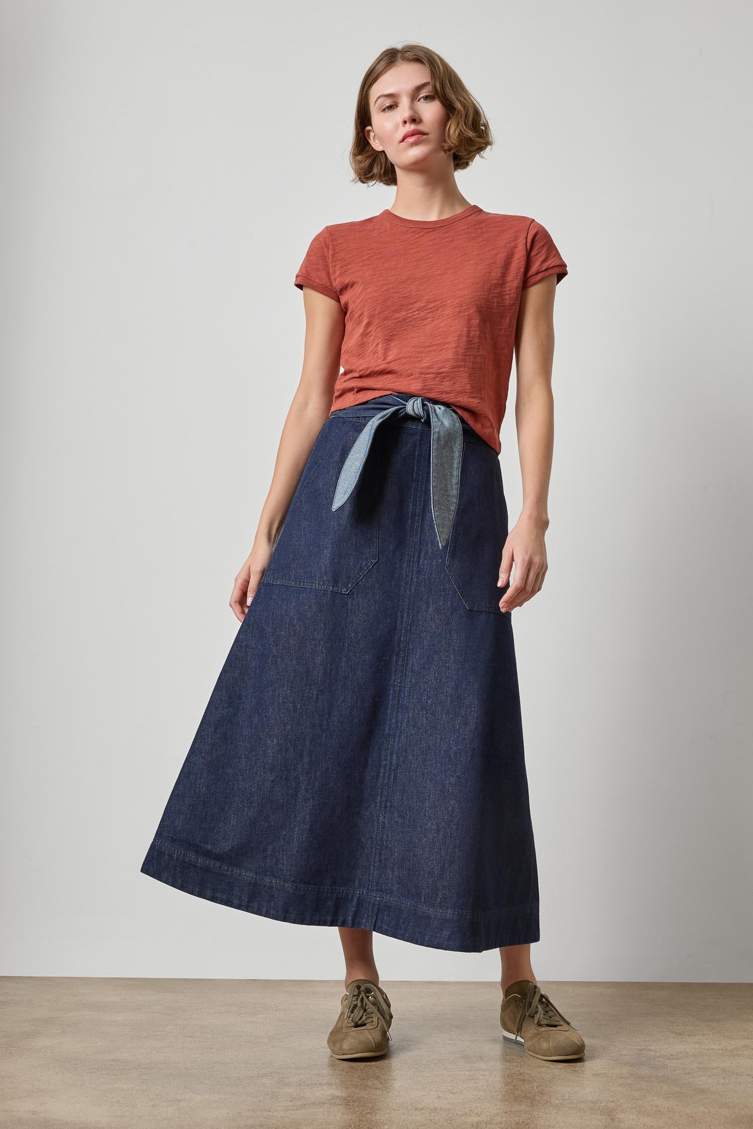 Lilla P Belted Pocket Front Skirt | Dark Wash Blue