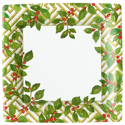 Caspari Holly and Fretwork White Plates - Salad and Dinner Size