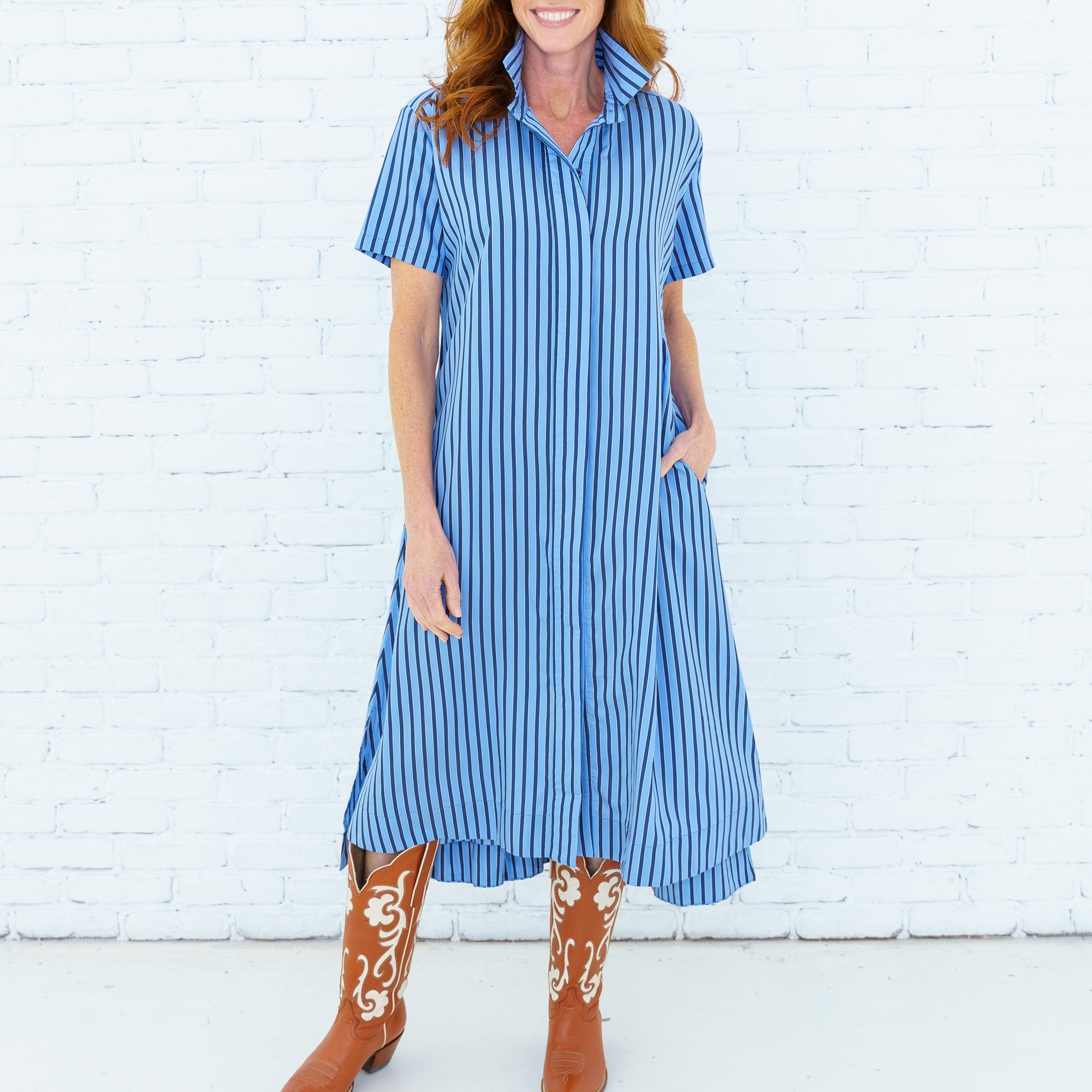 Caryn Lawn Millie Dress | Blue/Navy Stripe