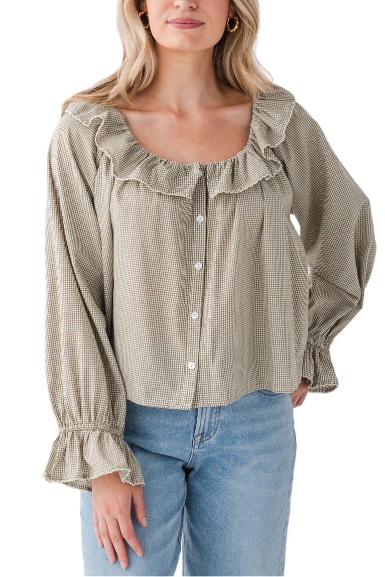 Sage Long Sleeve Top with Ruffle