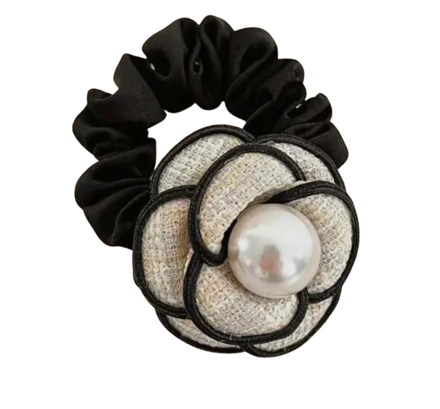 Flower Pearl Scrunchie - (black or ivory band)
