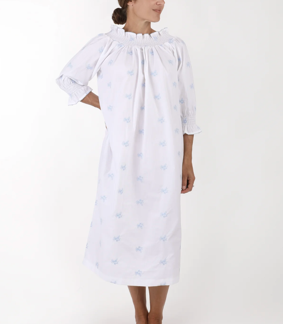 Lenora Long Sleeve Nancy Cotton Embroidered Nightgown - Blue