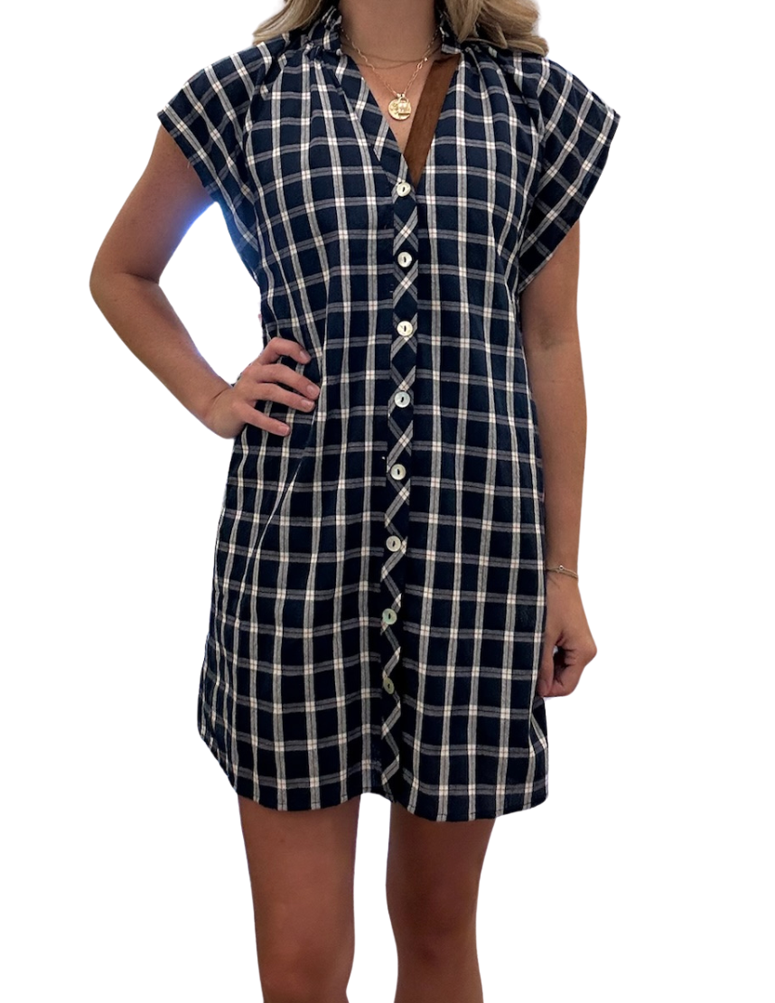 Short Sleeve Gingham Dress - Navy