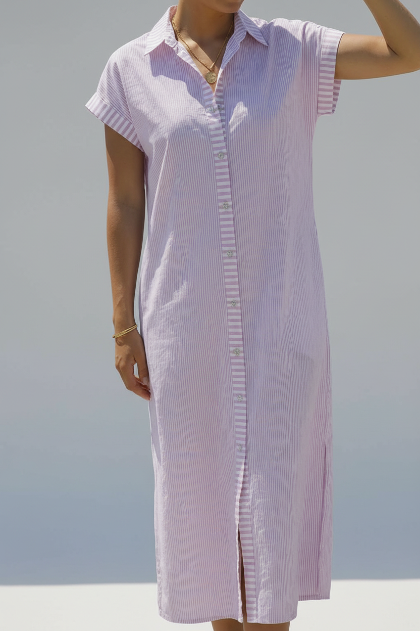 Sitano Riga Short Sleeve Midi Dress - Lavender Stripes