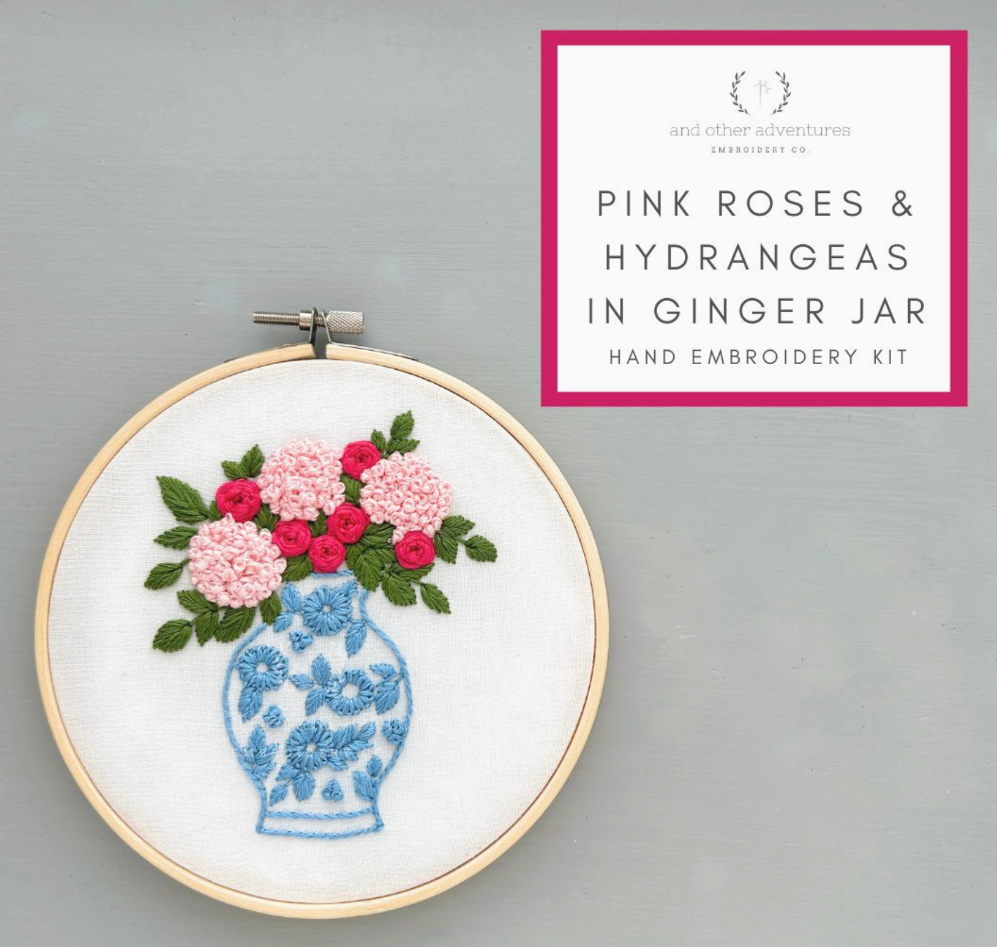 Hand Embroidery Kit - Pink Roses + Hydrangeas in Ginger Jar