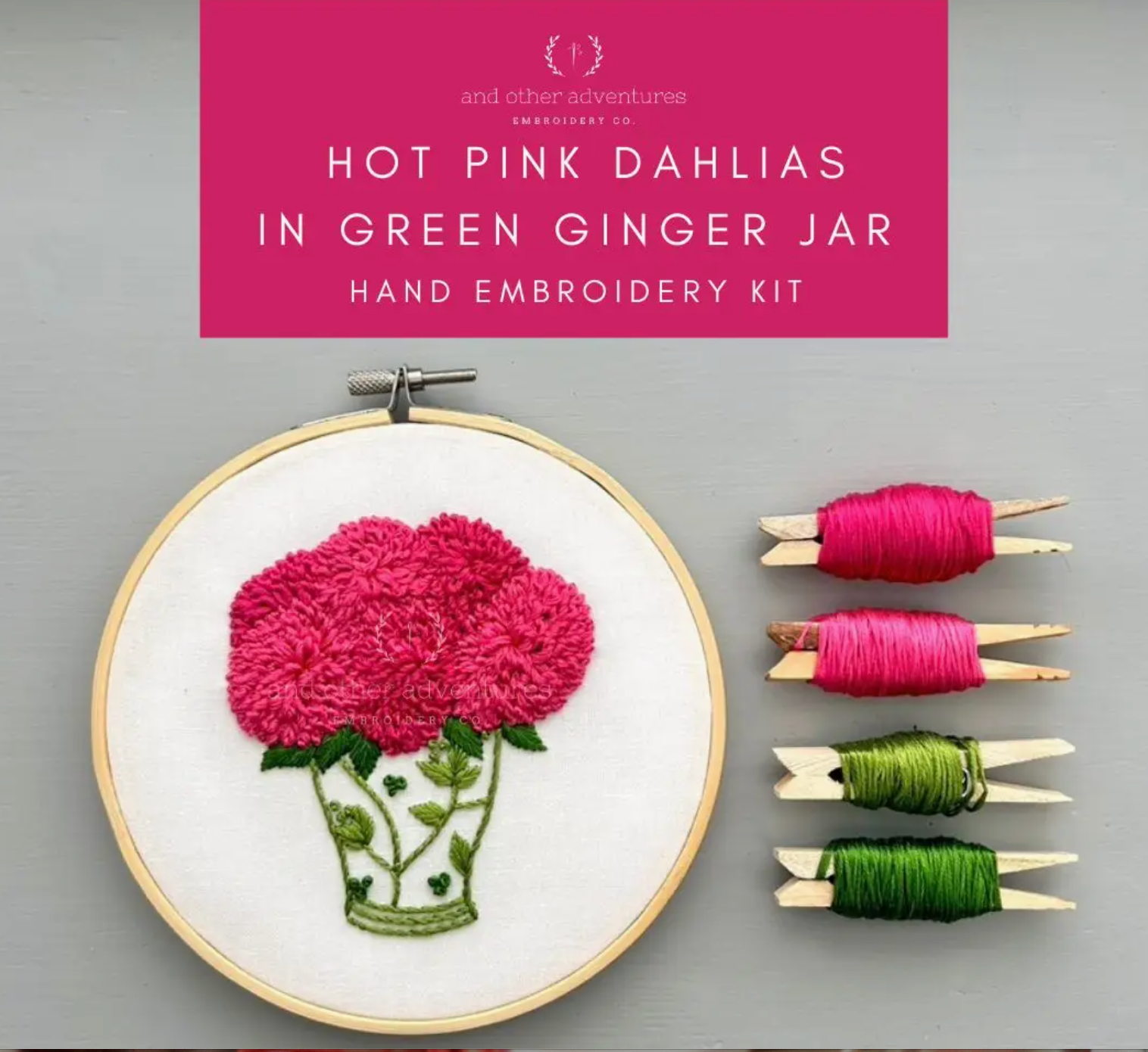 Hand Embroidery Kit - Hot Pink Dahlias in Green Ginger Jar