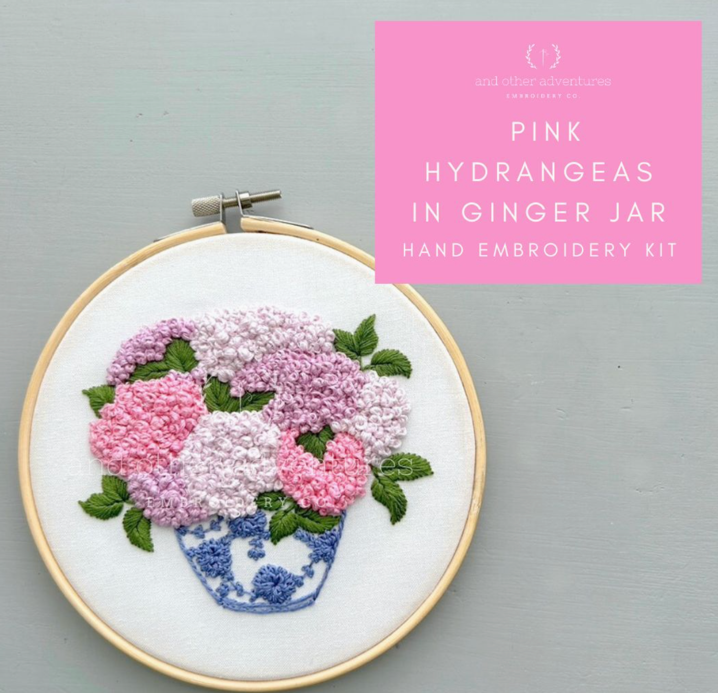 Hand Embroidery Kit - Pink Hydrangeas in Ginger Jar
