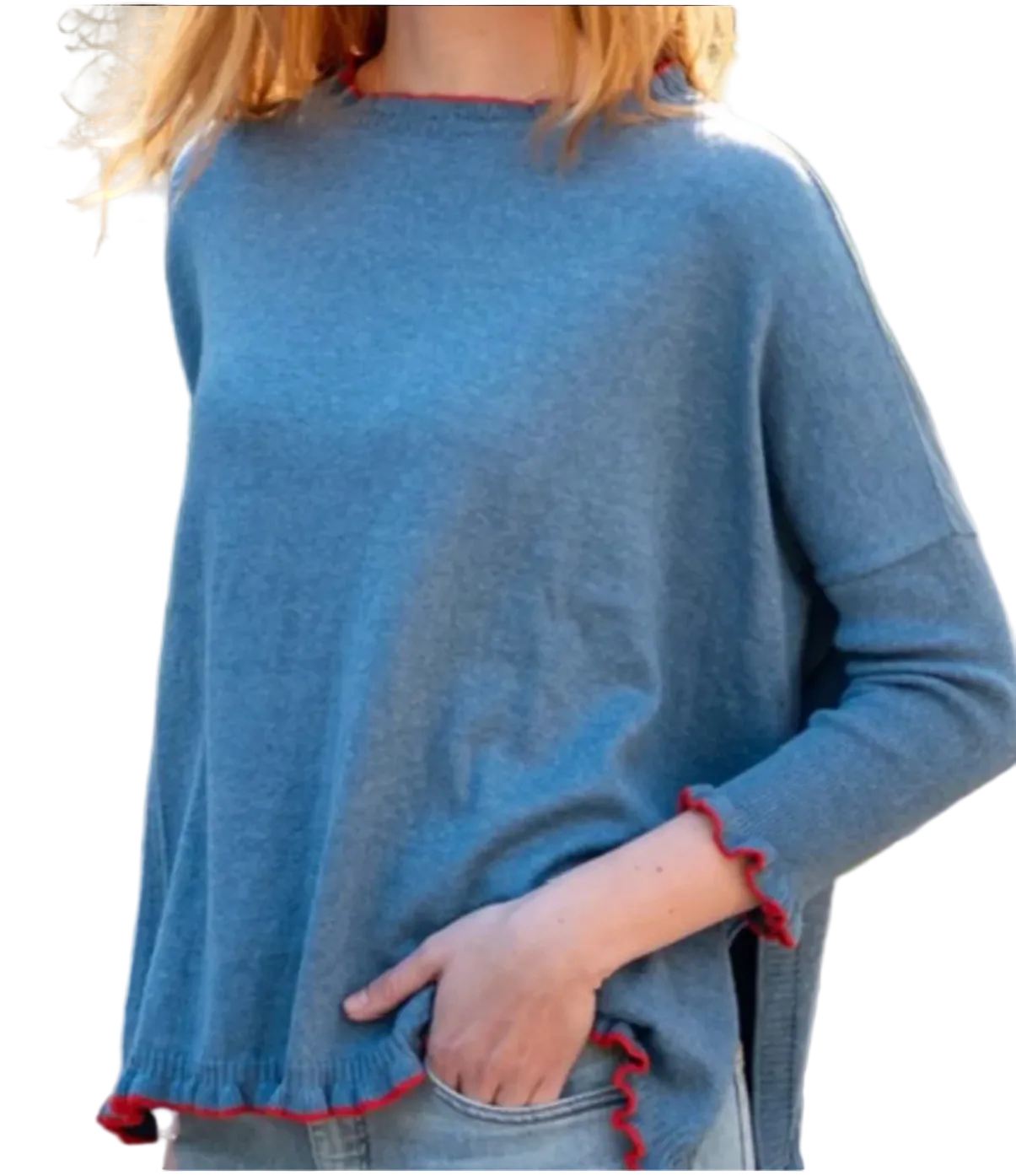 MER SEA Catalina Cotton Ruffle Sweater | Aegan/Vermillion - Petite