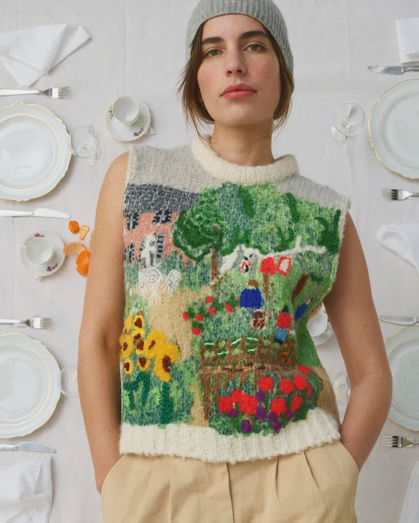 MII June Printed Hand Embroidered Sleeveless Sweater