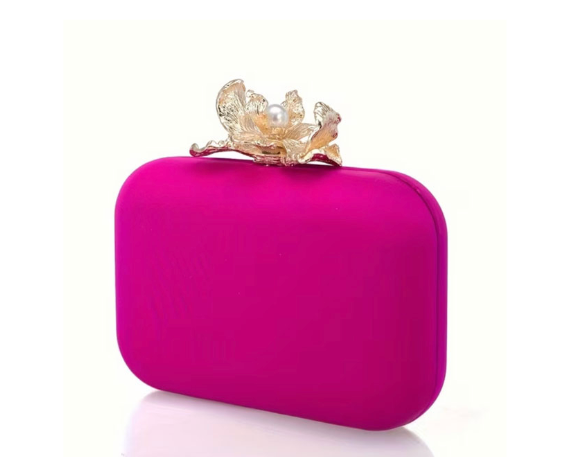 Satin Clutch with Gold Flower Minaudiere | Black and Rose