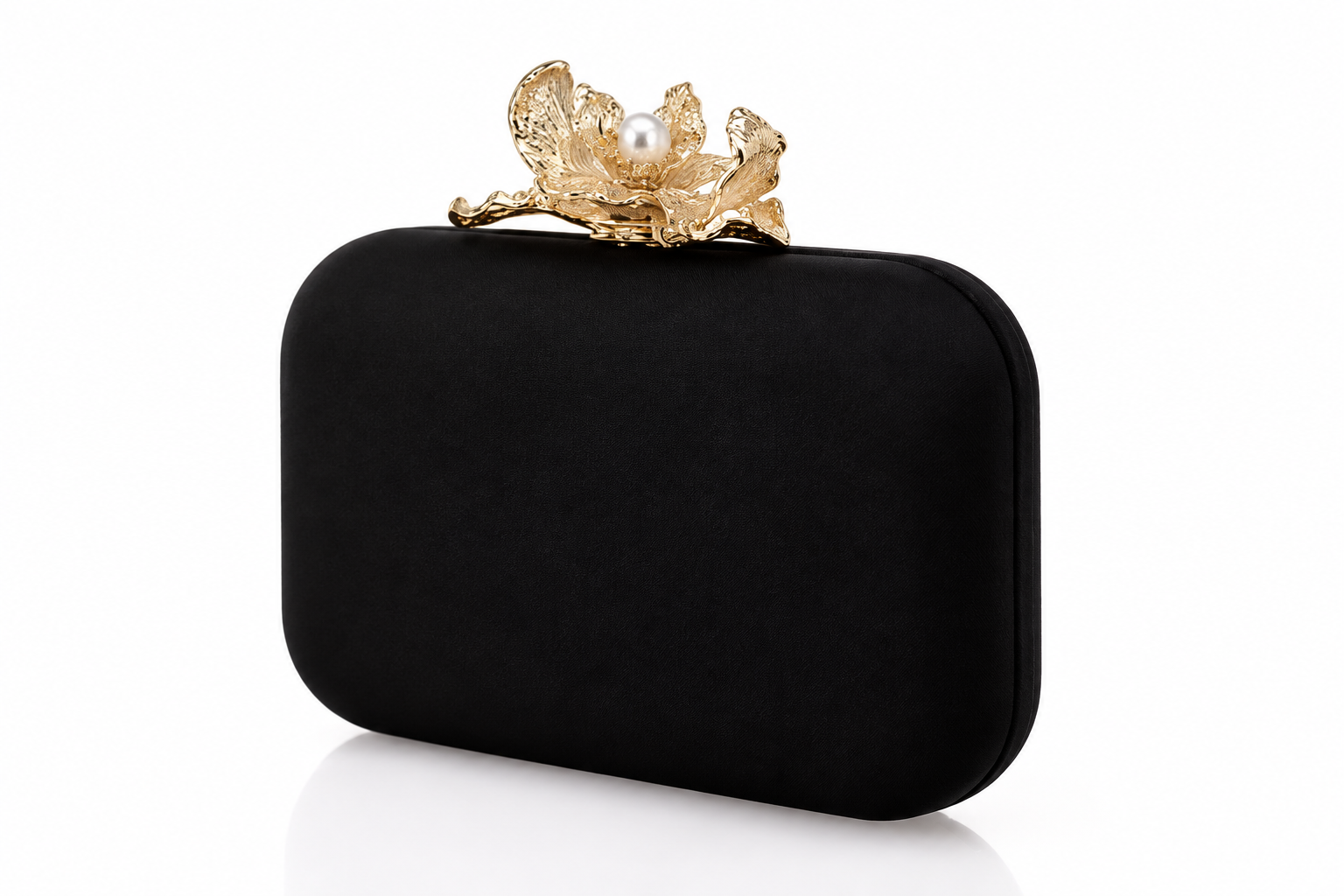 Satin Clutch with Gold Flower Minaudiere | Black and Rose