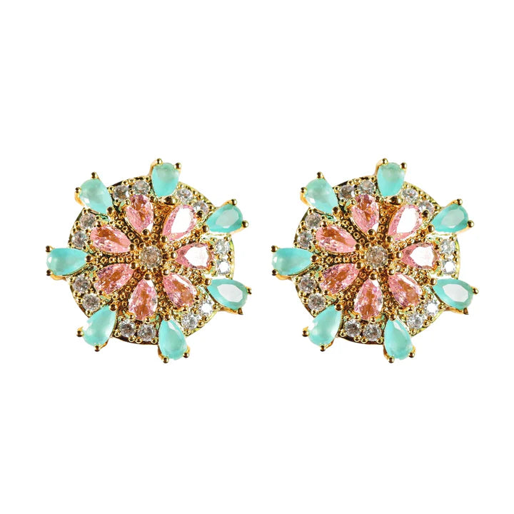 Pink and Turquoise Diamond Pinwheel Statement Earrings