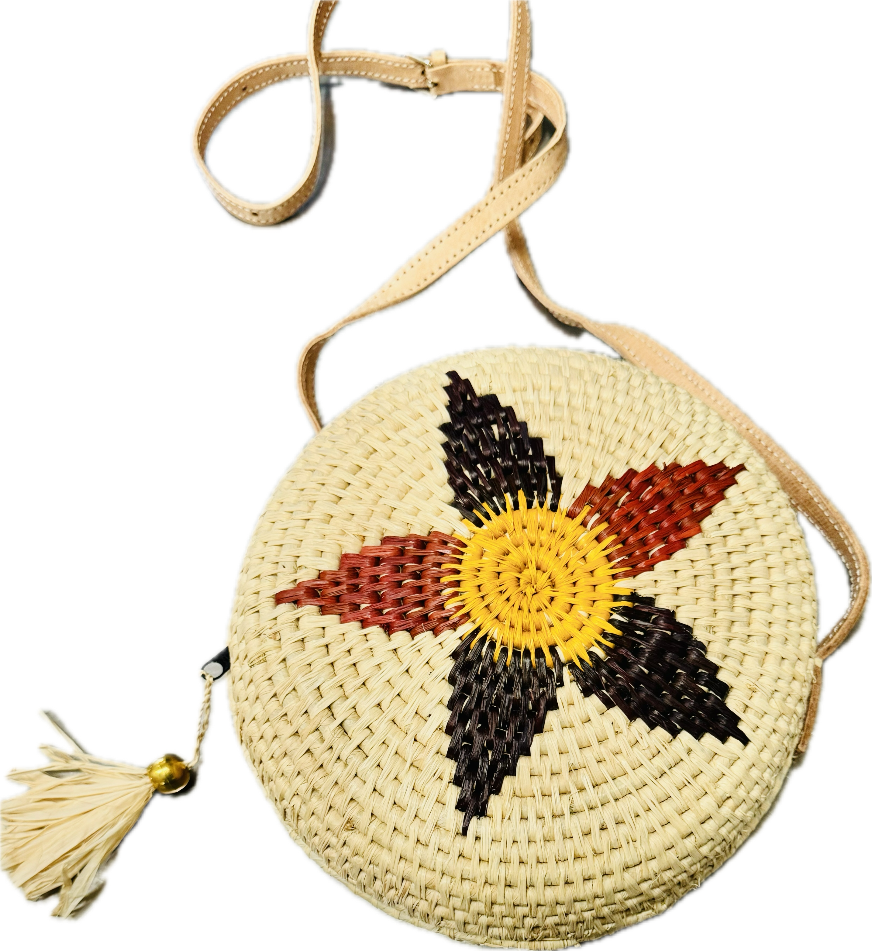 Carmel Crochet Round Flower Straw Crossbody Bag