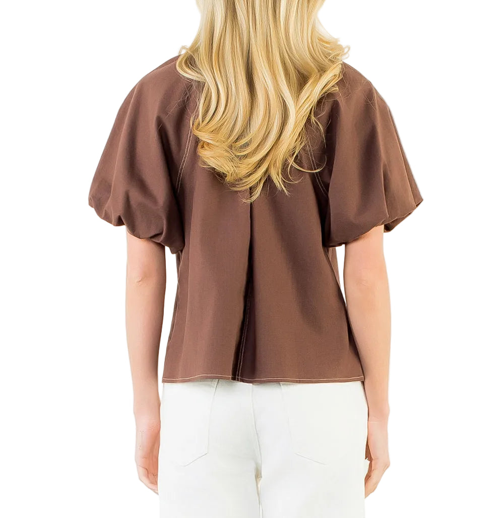 Puff Sleeve Gold Toned Side Buttons Top | Brown