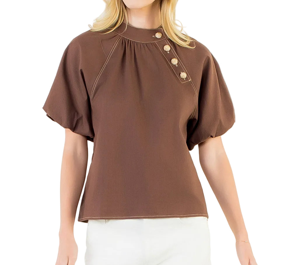 Puff Sleeve Gold Toned Side Buttons Top | Brown