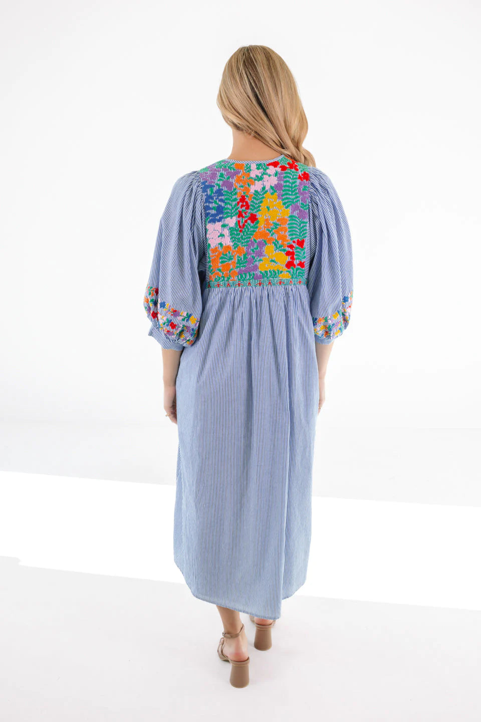 Tristen Midi Dress - Blue Stripe/Multi Embroidery