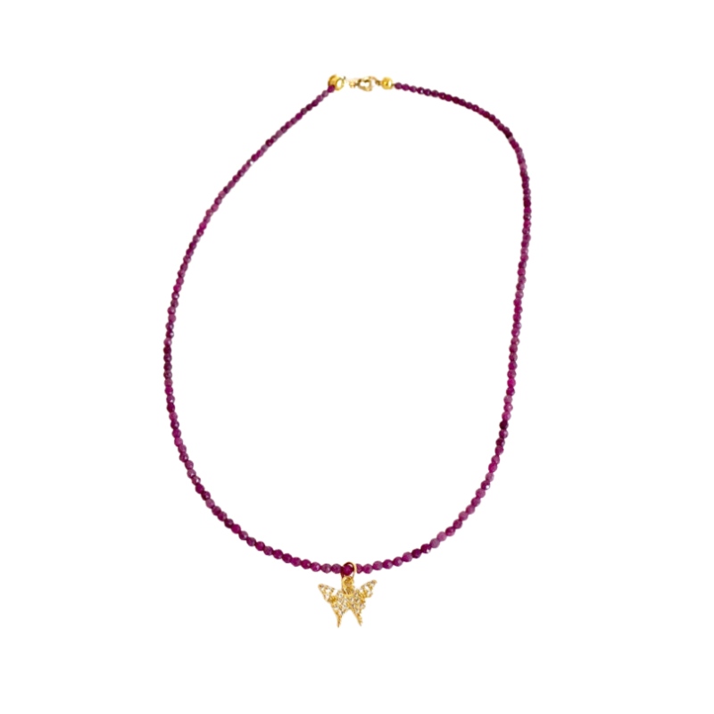 Dainty Ruby Necklace with Butterfly