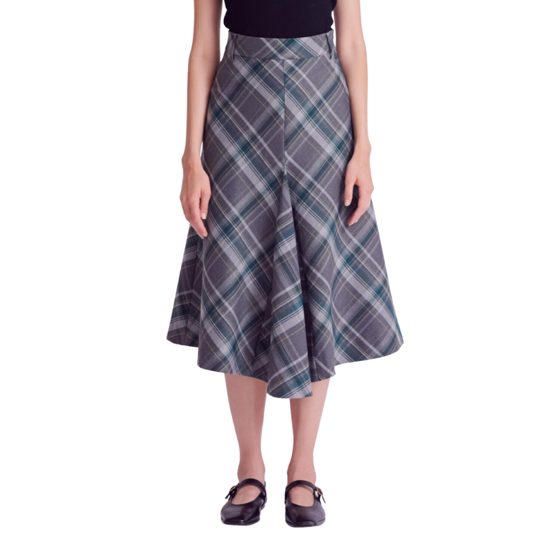 Plaid A Line Skirt - Grey/Green