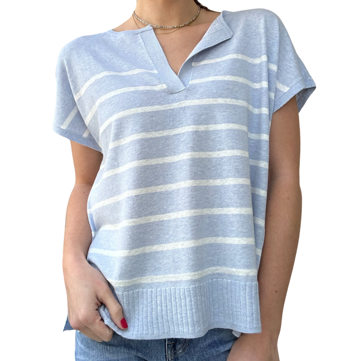 Lilla P Split Neck Tunic Sweater - Hydrangea Stripe