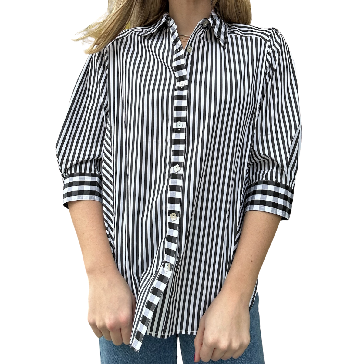 Heidi Stripe bottom Front Check Combo Shirt - Black/White