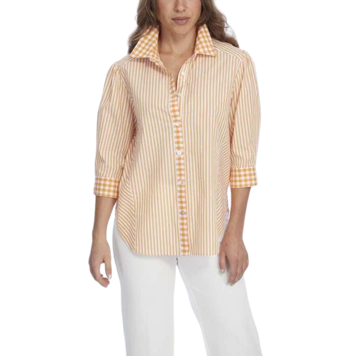 Heidi Stripe bottom Front Check Combo Shirt - Orange/White