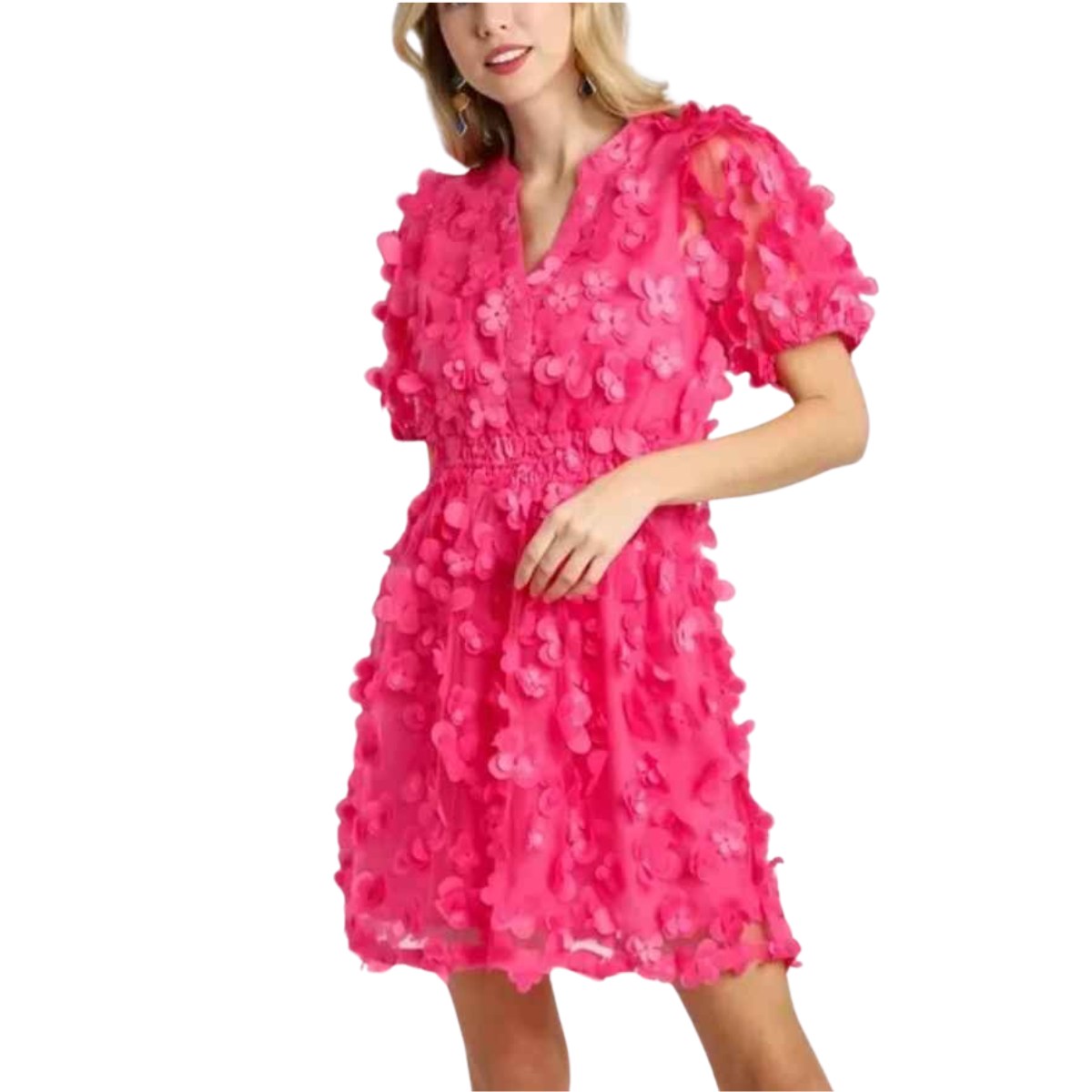 Organza Split Neck Dress - Hot Pink
