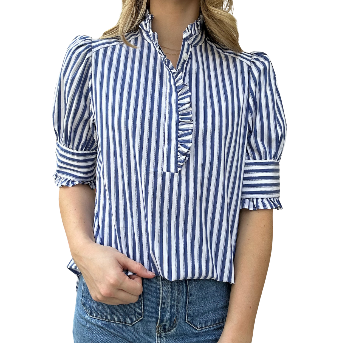 Holland Ruffle Short Sleeve Top - Blue Stripe