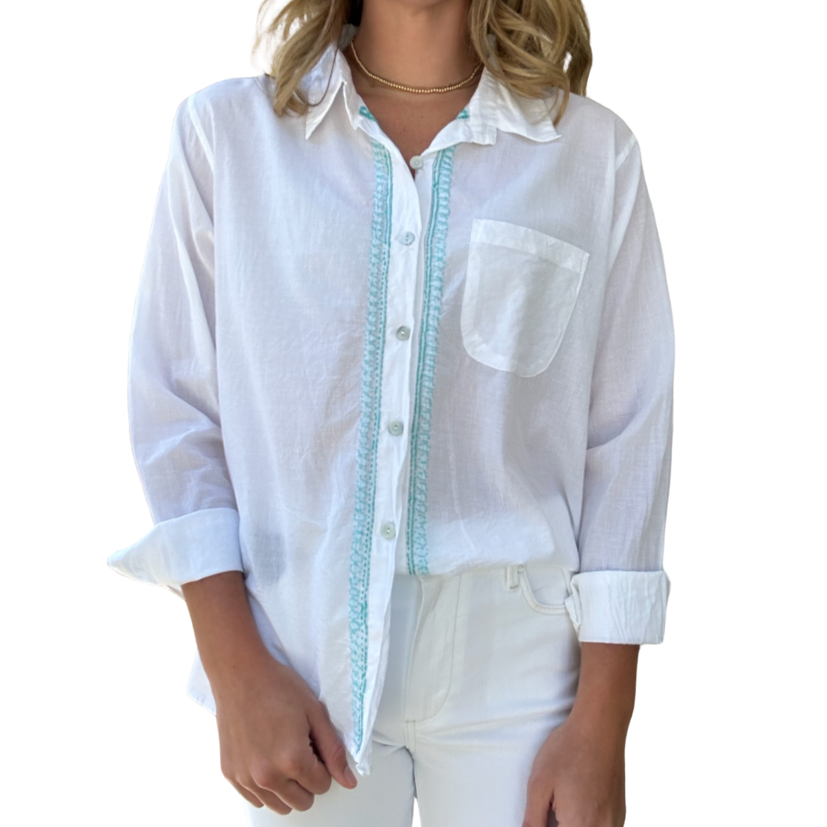 Everyday Boyfriend Shirt - White with Green & Blue Embroidery