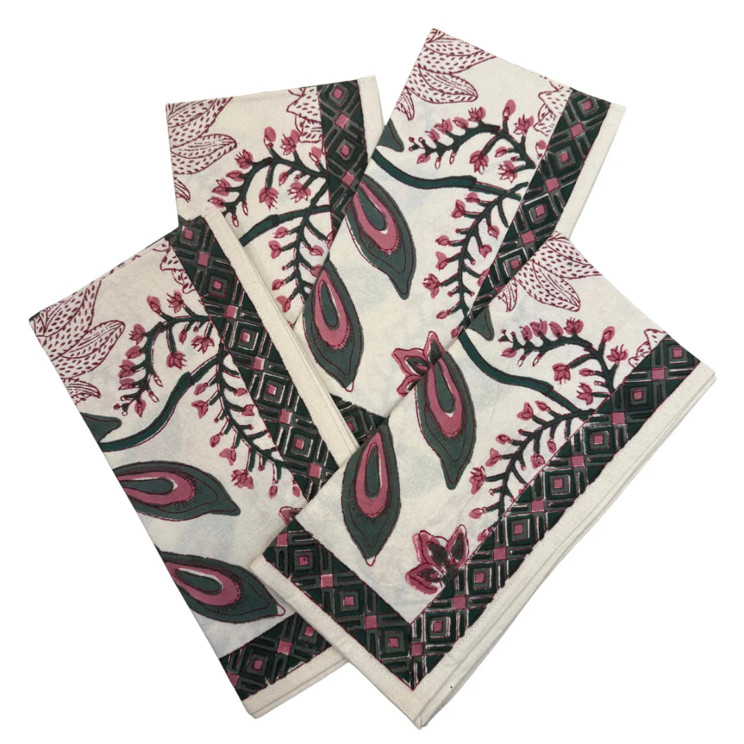 Pomegrante Peacock & Poms Rose Napkins