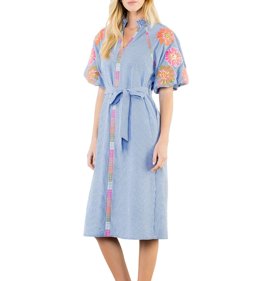 Gingham Embroidered Midi Dress
