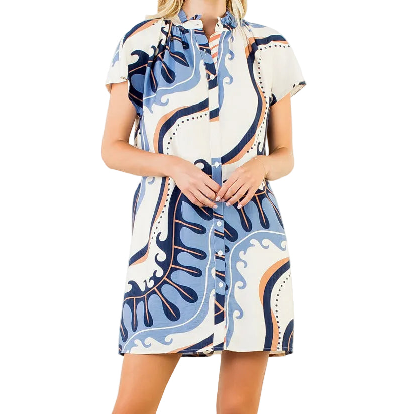 Short Sleeve Abstract Button Up Dress