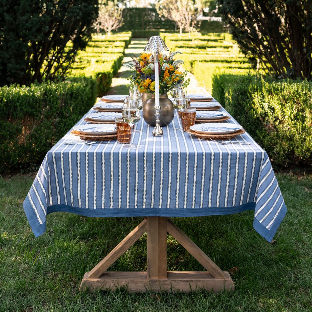 Pomegrante Dotted Stripe Blue Tablecloth
